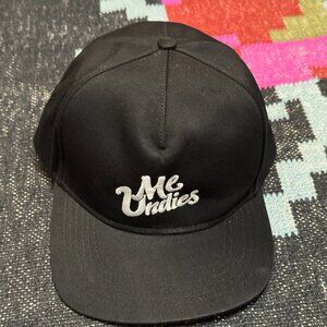 MeUndies Flat Bill Snapback Baseball Hat, White Embroidery, Black with Purple